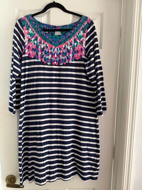 Lilly Pulitzer Navy & White Striped Dress with Pink & Teal Yoke. Comfy style.